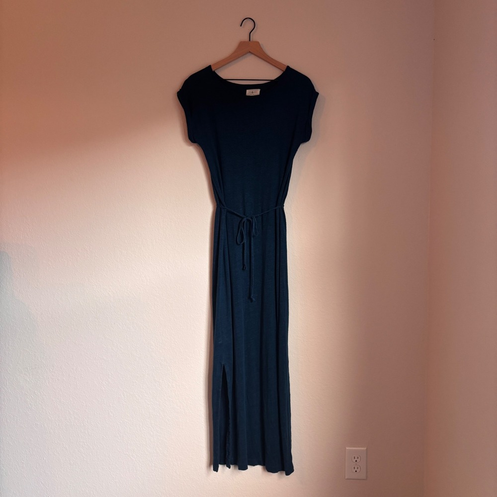 Lou & Grey Teal‎ Blue 100% Linen Cuffed Sleeve Belted Maxi Dress Womens XS